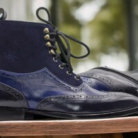 Handmade Men's Blue three tone  Suede and Leather Boot ,Wing Tip Brogue Toe Lace Up Boot - Thumbnail 1