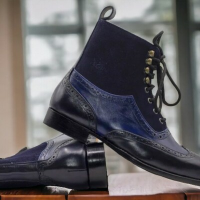 Handmade men's blue three tone  suede and leather boot ,wing tip brogue toe lace up boot