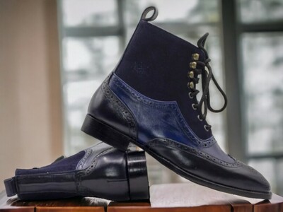 Handmade Men's Blue three tone  Suede and Leather Boot ,Wing Tip Brogue Toe Lace Up Boot