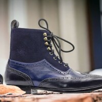 Handmade Men's Blue three tone  Suede and Leather Boot ,Wing Tip Brogue Toe Lace Up Boot - Thumbnail 3