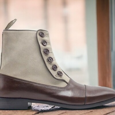 Handmade men's two tone brown leather and suede boot ,button ankle high boot