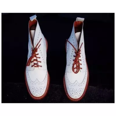 New men handmade ankle high white leather red lace up wing tip & brogue boots