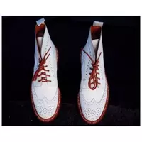 New Men Handmade Ankle High White Leather Red Lace Up Wing Tip & Brogue Boots - Thumbnail 4