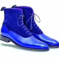 Blue Real Upper Suede Leather Handmade High Ankle Lace Up Boots - Thumbnail 4