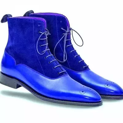 Blue real upper suede leather handmade high ankle lace up boots