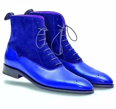 Blue Real Upper Suede Leather Handmade High Ankle Lace Up Boots