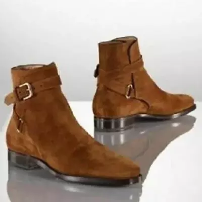 Handmade men brown jodhpurs ankle boot, men genuine suede leather boots