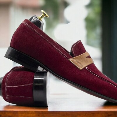 Handmade men's burgundy suede shoes ,slip on loafer shoes