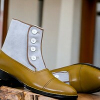 Handmade Men's  Tan and White Boot ,Ankle High Button Top Cap Toe Leather Suede Boot - Thumbnail 1