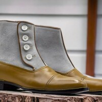 Handmade Men's  Tan and White Boot ,Ankle High Button Top Cap Toe Leather Suede Boot - Thumbnail 2