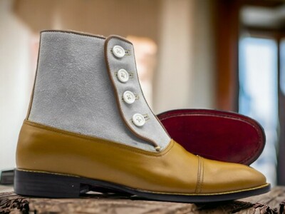 Handmade Men's  Tan and White Boot ,Ankle High Button Top Cap Toe Leather Suede Boot