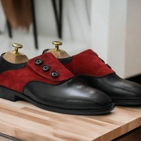 Handmade Men's Black And Red  Leather and Suede Shoes ,Side Button Casual Shoes - Thumbnail 2