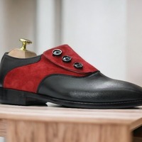 Handmade Men's Black And Red  Leather and Suede Shoes ,Side Button Casual Shoes - Thumbnail 3