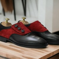 Handmade Men's Black Red Leather Suede Side Button Shoes - Thumbnail 1