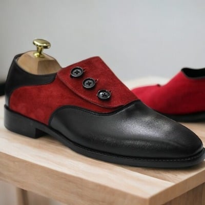 Handmade men's black and red  leather and suede shoes ,side button casual shoes - Thumbnail 1