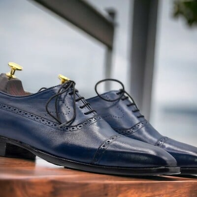 Handmade men's nevi blue leather shoes ,cap toe lace up shoes