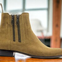 Handmade Men's Tan Suede Boot ,Ankle High Side Double Zipper Boot - Thumbnail 2
