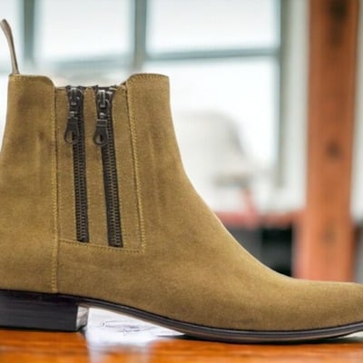  tan suede boot ,ankle high side double zipper boot, handmade men's