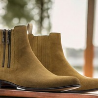  Tan Suede Boot ,Ankle High Side Double Zipper Boot, Handmade Men's - Thumbnail 2
