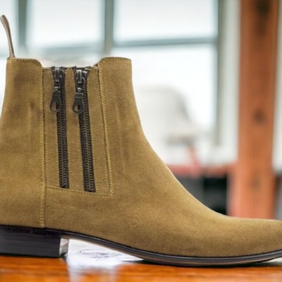 Handmade men's tan suede boot ,ankle high side double zipper boot