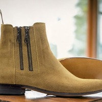 Handmade Men's Tan Suede Boot ,Ankle High Side Double Zipper Boot - Thumbnail 1