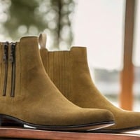 Handmade Men's Tan Suede Boot ,Ankle High Side Double Zipper Boot - Thumbnail 2