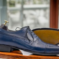  Nevi Blue Handmade Men's Leather Shoes ,Cap Toe Lace Up Shoes - Thumbnail 1