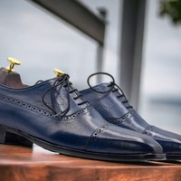  Nevi Blue Handmade Men's Leather Shoes ,Cap Toe Lace Up Shoes - Thumbnail 2