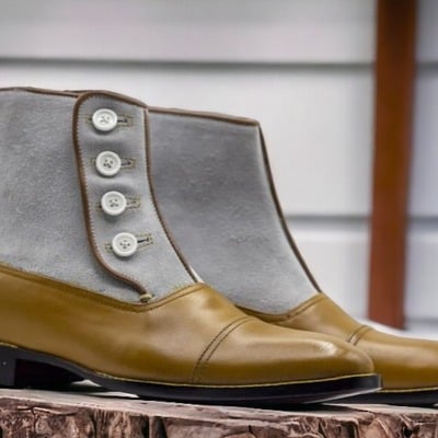 Ankle high button top cap toe, handmade men's tan and white boot ,leather suede boot