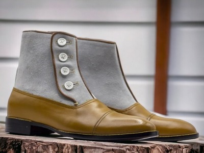 Ankle High Button Top Cap Toe, Handmade Men's Tan and White Boot ,Leather Suede Boot