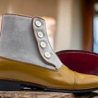 Ankle High Button Top Cap Toe, Handmade Men's Tan and White Boot ,Leather Suede Boot - Thumbnail 2