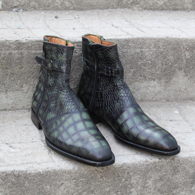 Crafted leather bespoke dress shoes green classic crocodile/alligator jodhpur buckle strap boot - Thumbnail 4