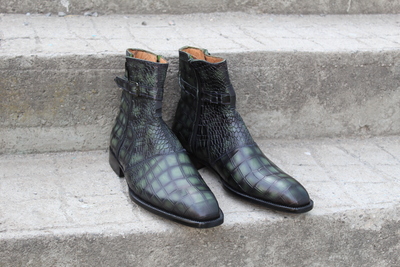 Crafted Leather Bespoke Dress Shoes Green Classic Crocodile/Alligator Jodhpur Buckle Strap Boot