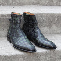 Crafted Leather Bespoke Dress Shoes Green Classic Crocodile/Alligator Jodhpur Buckle Strap Boot - Thumbnail 1
