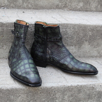 Crafted Leather Bespoke Dress Shoes Green Classic Crocodile/Alligator Jodhpur Buckle Strap Boot - Thumbnail 4