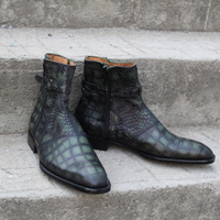 Crafted Leather Bespoke Dress Shoes Green Classic Crocodile/Alligator Jodhpur Buckle Strap Boot - Thumbnail 6