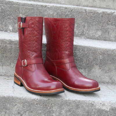 Crafted leather custom made dress shoes burgundy leather classic ankle high cowboy boot