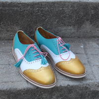 Crafted Leather Handmade Classic Tri Tone Leather Brogue Wingtip Oxford Lace up Dress Shoes - Thumbnail 2