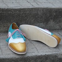 Crafted Leather Handmade Classic Tri Tone Leather Brogue Wingtip Oxford Lace up Dress Shoes - Thumbnail 3