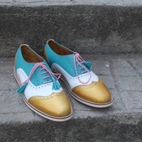 Crafted Leather Handmade Classic Tri Tone Leather Brogue Wingtip Oxford Lace up Dress Shoes - Thumbnail 4