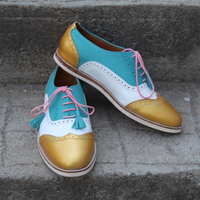 Crafted Leather Handmade Classic Tri Tone Leather Brogue Wingtip Oxford Lace up Dress Shoes - Thumbnail 6