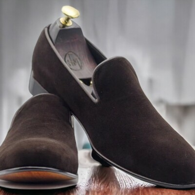 Handmade men's black velvet suede shoes ,slip on loafer shoes