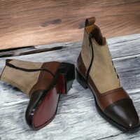 Handmade Men's Three tone Boot ,Ankle High Button Top Leather Suede Boot - Thumbnail 2