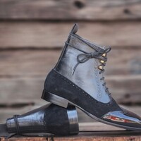 Handmade Men's Black Leather and Suede Boot ,Lace Up Wing Tip Ankle High Boot - Thumbnail 1