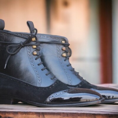 Handmade men's black leather and suede boot ,lace up wing tip ankle high boot