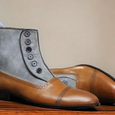Handmade men's tan and gray boot ,ankle high button top cap toe leather suede boot