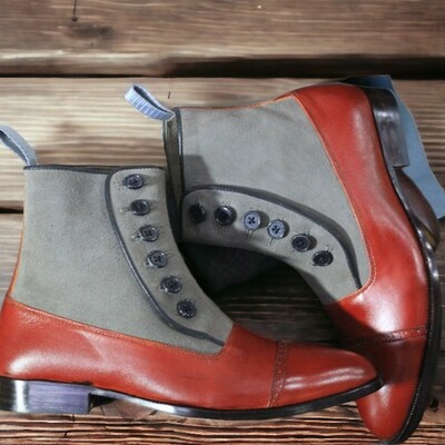 Handmade men's red and gray boot ,ankle high button top cap toe leather suede boot - Thumbnail 3