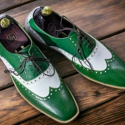 Men's wing tip brogue toe & lace up green and white handmade leather shoes