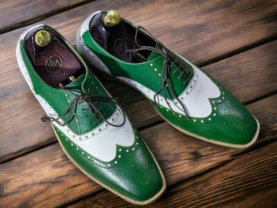 Men's Wing Tip Brogue Toe & Lace Up Green and White Handmade Leather Shoes