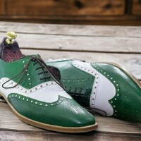 Men's Wing Tip Brogue Toe & Lace Up Green and White Handmade Leather Shoes - Thumbnail 1